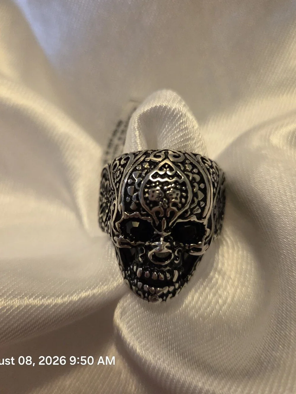 Silver Black Stone Skull Ring - Men's 10